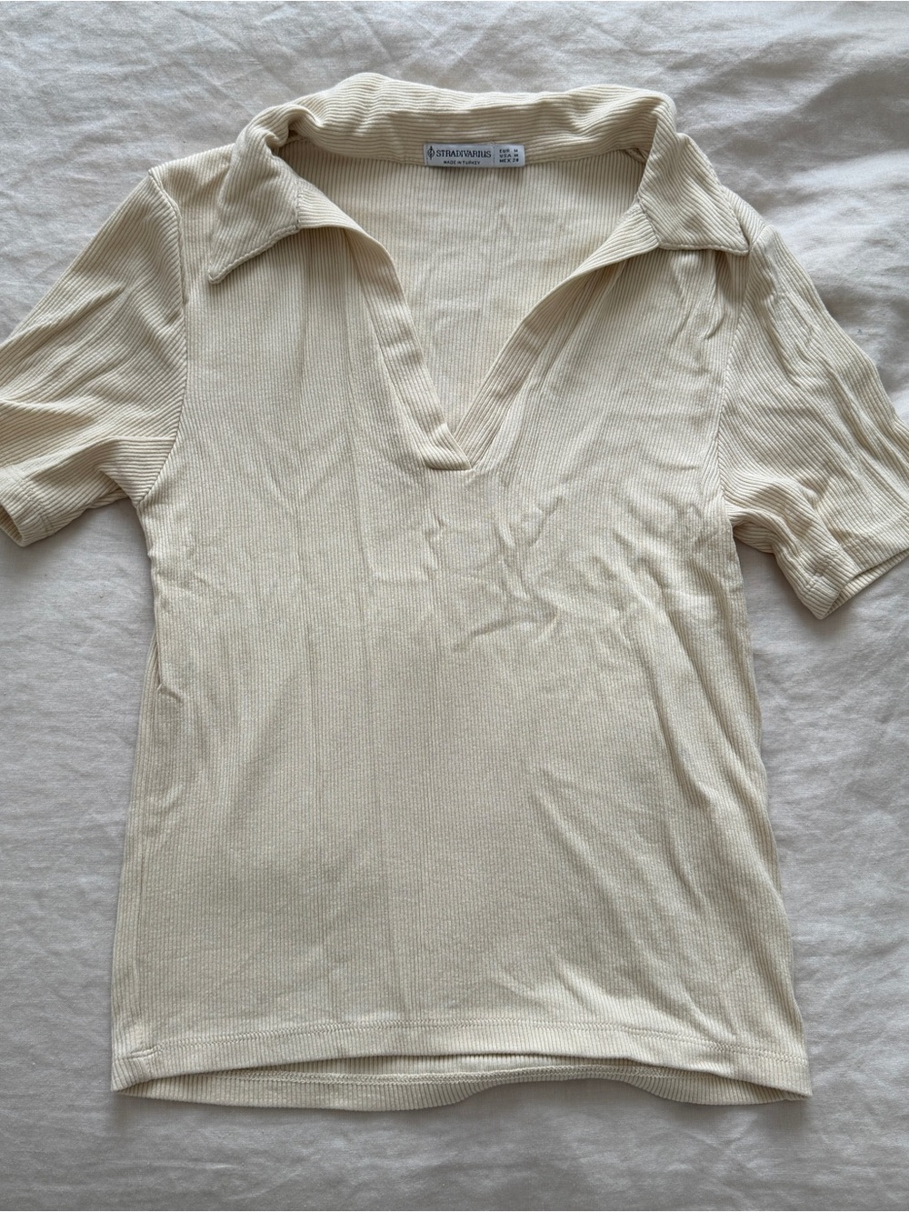 Stradivarius Cream Ribbed Polo V-Neck Top